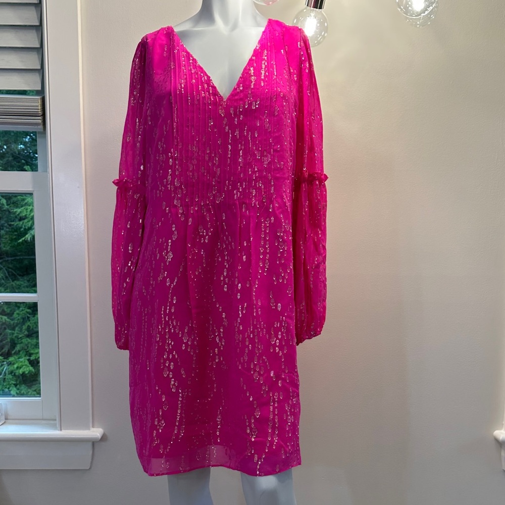Cleme Metallic Fil Coupé Long Sleeve Silk Chiffon Shift Dress SZ 8 NWT MSR $268